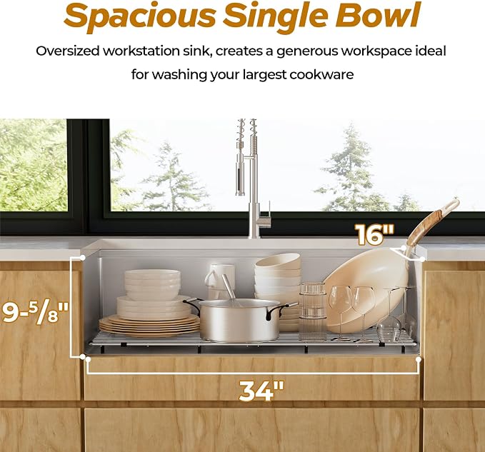 36 Inch Workstation Kitchen Sink, TECASA Undermount Deep Single Bowl, 16 Gauge - Image 3