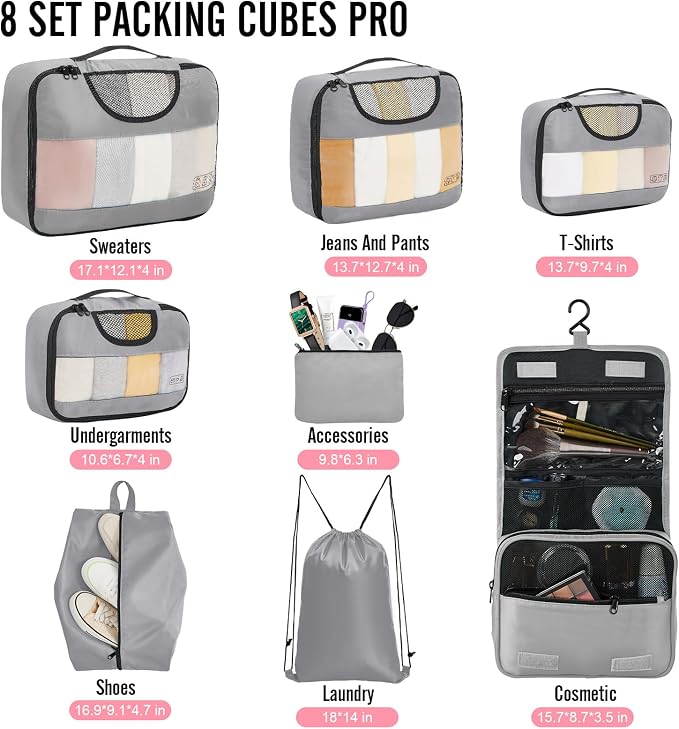 Veken 8 Set Packing Cubes for Travel Essentials, Suitcase Organizer Bags in 4 - Image 2