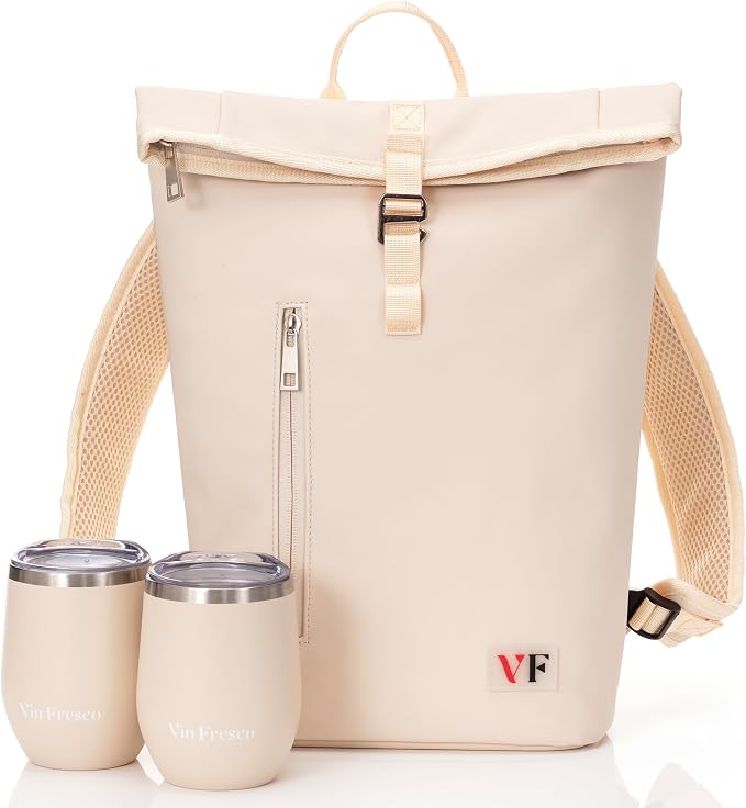 Two Bottle Rolltop Wine Tote Bag – Stylish PU Leather Wine Backpack by VinFresco