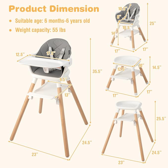 BABY JOY Baby High Chair, 6 in 1 Convertible Wooden High Chair - Image 6