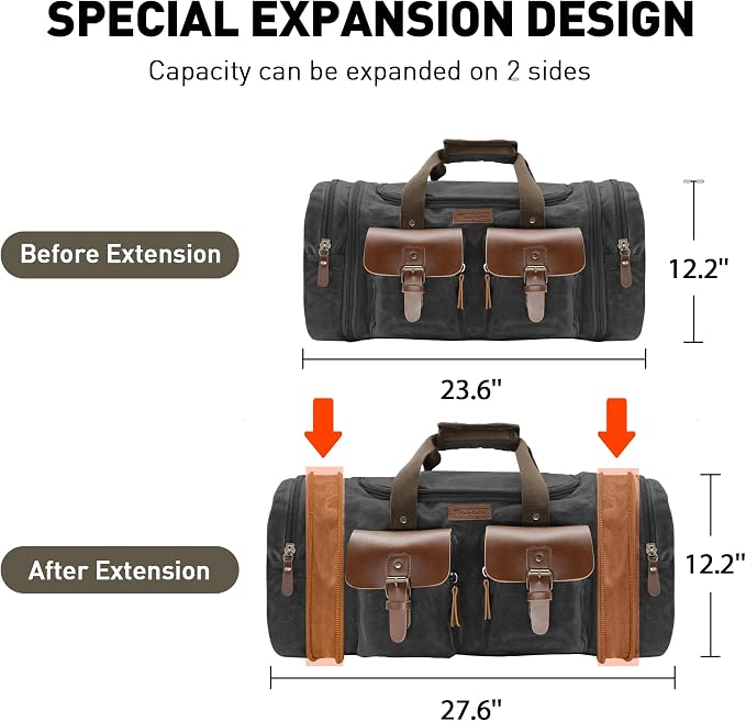 Wildroad 60L Travel Duffel Bag, Expandable Waxed Canvas Genuine Leather Duffle - Image 4