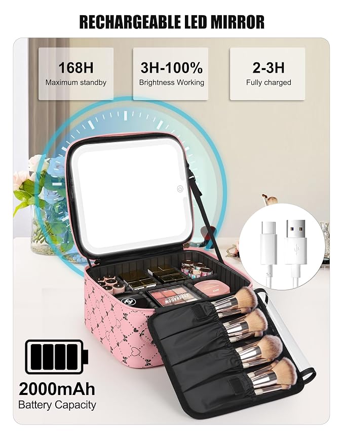 Relavel Travel Makeup Bag With LED Mirror, Compact Cosmetic Organizer Storage - Image 5