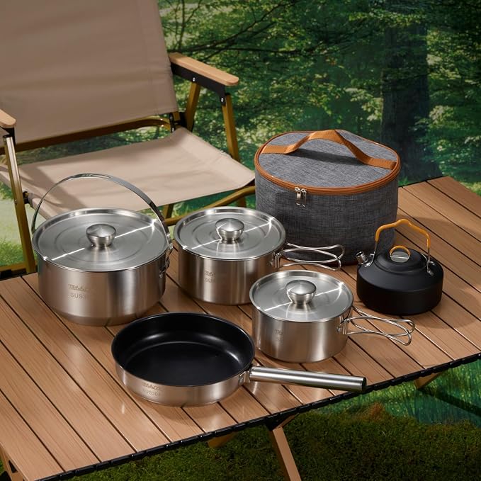 Camping Cookware Set 304 Stainless Steel 10pcs Pots & Pans, Travel Mesh Bag - Image 5