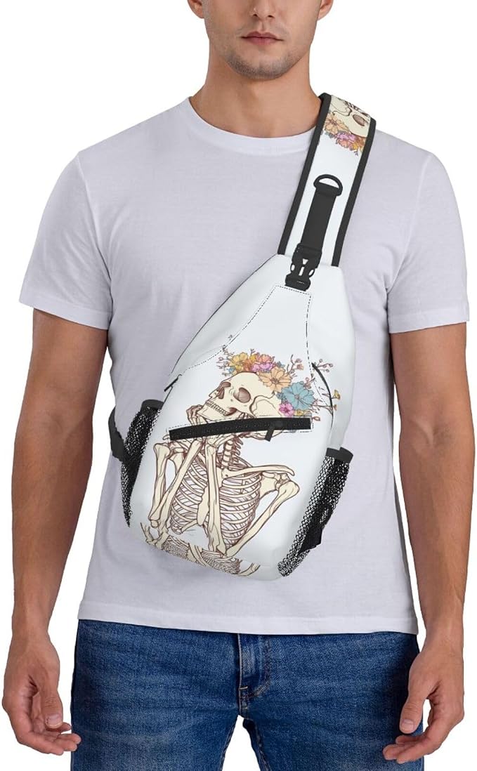 SUPLUCHOM Sling Bag Skeleton Flower Skull Hiking Daypack Crossbody Shoulder - Image 7