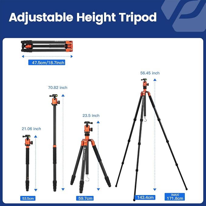 Fotopro 68" Camera Tripod for DSLR, Heavy Duty Compact Travel Tripod - Image 3