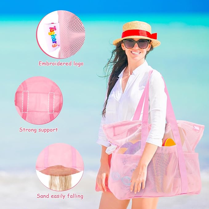 Tagitary Mesh Beach Bag with Zipper Large Beach Tote Waterproof Sandproof with - Image 4