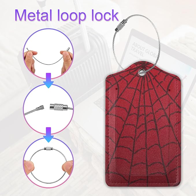 2 Pack Leather Luggage Tag for Suitcase Spider Web Cool Red Black Unique Travel - Image 4