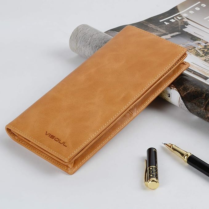 VISOUL Mens Leather Long Checkbook Bifold Wallets - Image 7