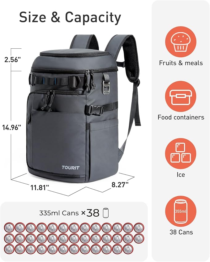 TOURIT 38 Cans Backpack Cooler: Leak Proof Waterproof 2 Insulated Compartments - Image 2