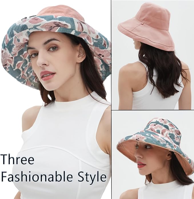 vidsel Womens Sun Hats Wide Brim Reversible Bucket Cotton Hat Packable Summer - Image 5