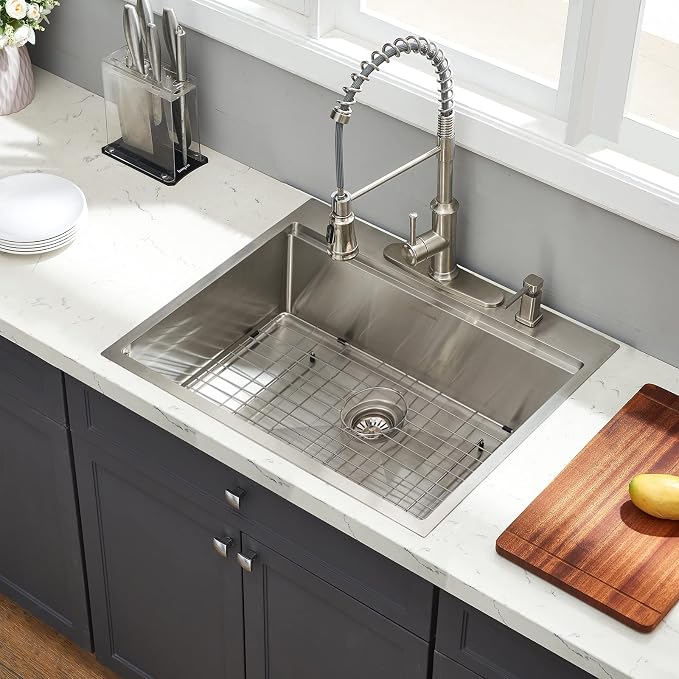 25 x 22 Inch Kitchen Sink, Drop In Stainless Steel Single Bowl Workstation Sink - Image 2