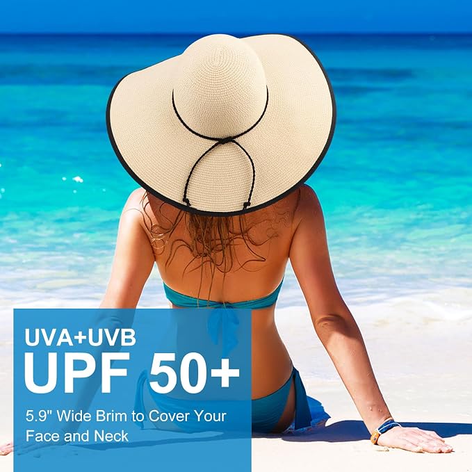 DRESHOW Beach Hats for Women Big Straw Wide Brim Summer Hat Floppy Foldable - Image 2