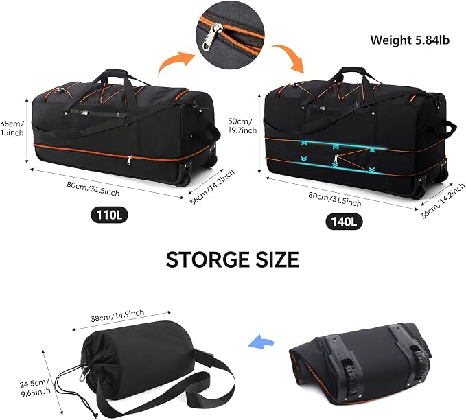 110L/140L Expandable Soft-Sided Foldable Duffle Bag - Image 2