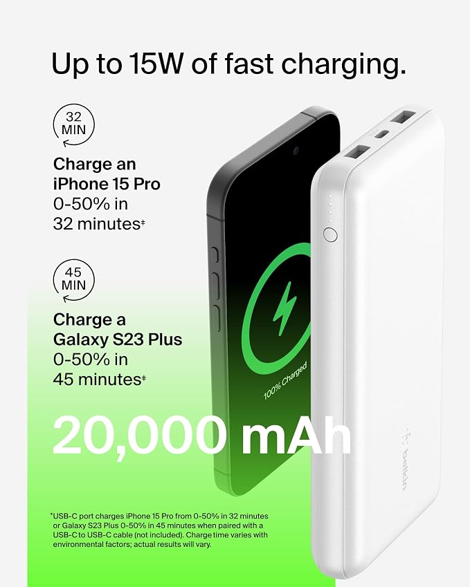 Belkin Portable Charger, USB C Power Bank 20000 mAh w/ 1xUSB-C Port & 2xUSB-A - Image 7