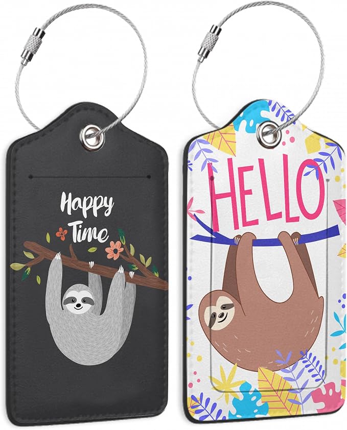 Set of 2 Funny Sloth, Happy Time Cartoon Animal Luggage Tags by DEMACYA