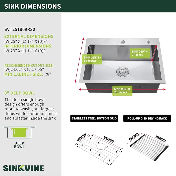 25-Inch Drop-In Kitchen Sink, SINKVINE 25" x 18" Stainless Steel Indoor and - Image 3