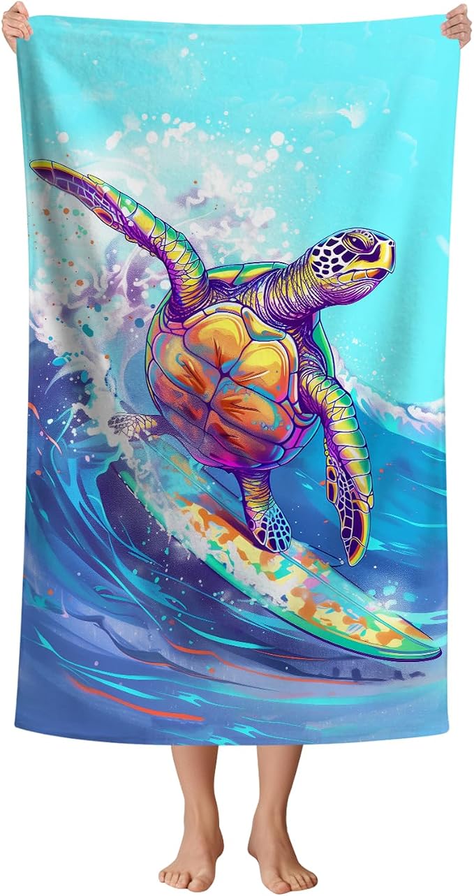 WZOMT Microfiber Turtle Beach Towel Oversized, Funny Sea Turtle Surfing Blue by WZOMT