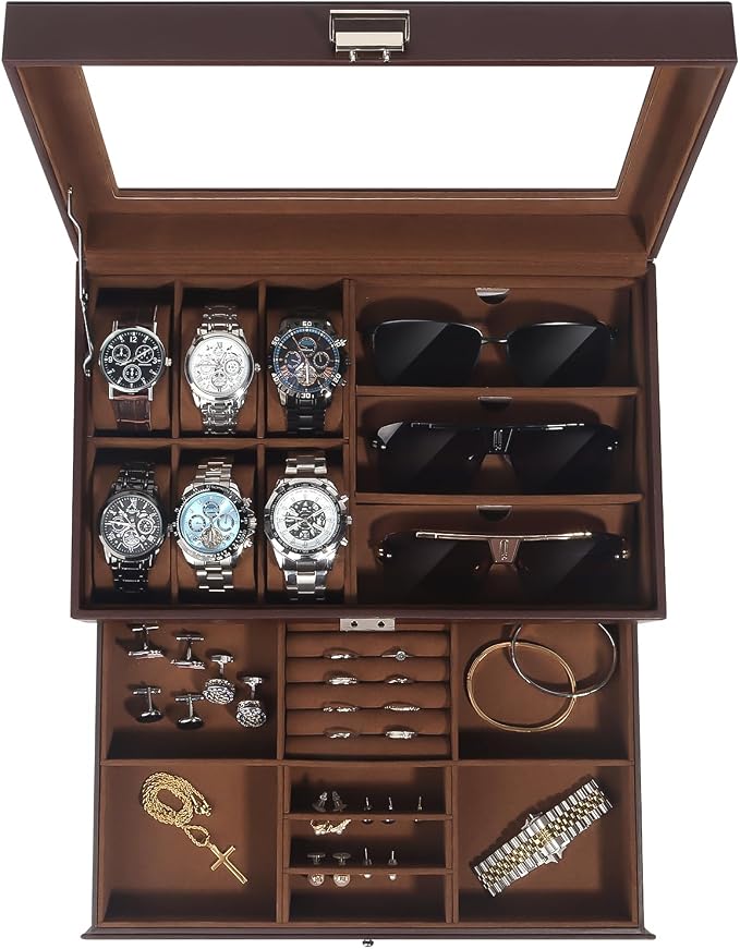 Watch Jewelry Box Organizer, 6-Slot 2-Layer Watch Case and Sunglasses Storage by KUKIKAN