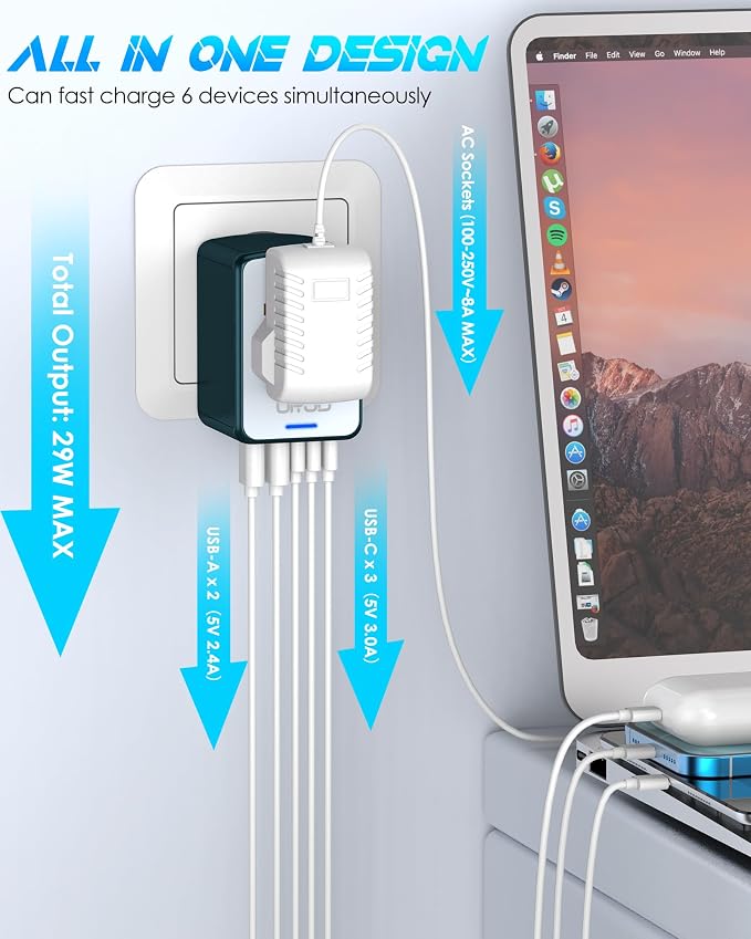 Universal Travel Adapter with 6.0A 3X 3.0A USB-C Ports, 2X 2.4A USB-A Ports and - Image 2