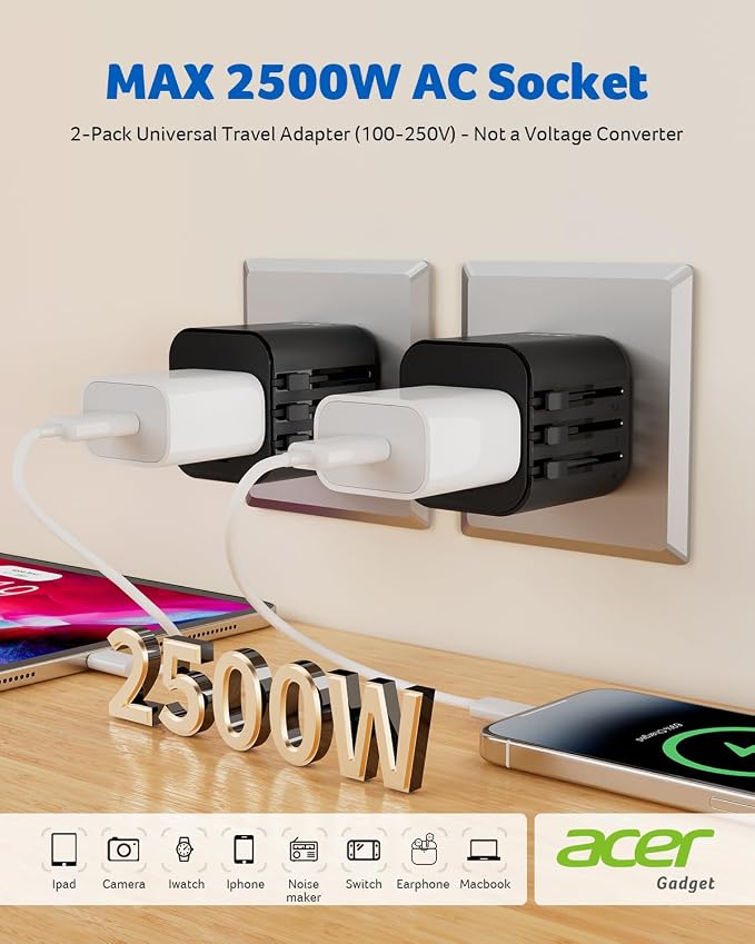 Acer US to Europe Plug Adapter, Universal Travel Adapter, International Power - Image 2