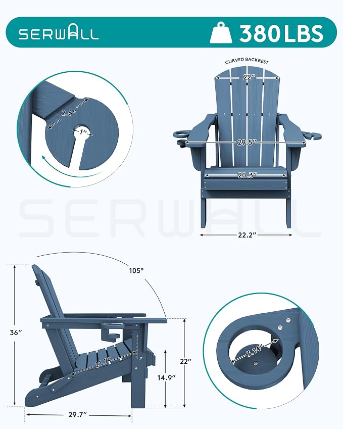 SERWALL Folding Adirondack Chair, Dual Cup Holders & All-Weather HDPE, - Image 3