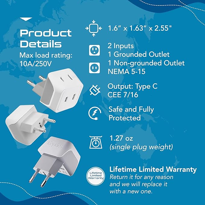 Ceptics European Travel Plug Adapter Europe Power Adaptor Charger Dual Input - Image 4