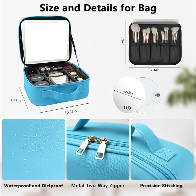 Travel Makeup Bag with LED Mirror and 10x magnifying glass with 3 Lighted - Image 5