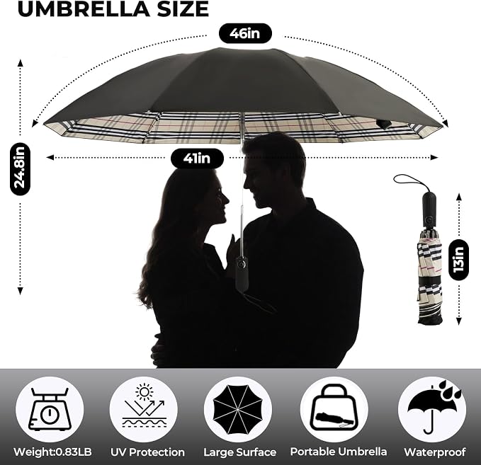 Compact Inverted Travel Umbrella, Automatic Open Close, 9-Rib 46 Inch Windproof - Image 4