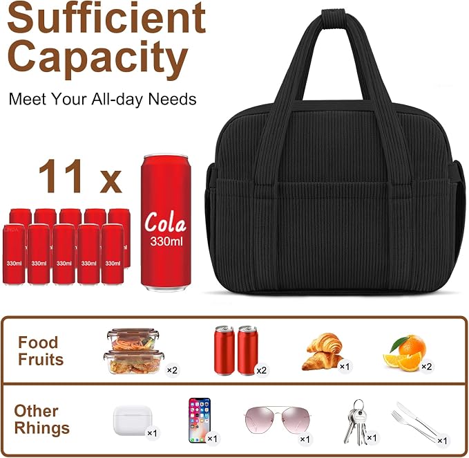 Corduroy Lunch Box Lunch Bag for Women Men, Cute Strawberry Small Insulated - Image 2