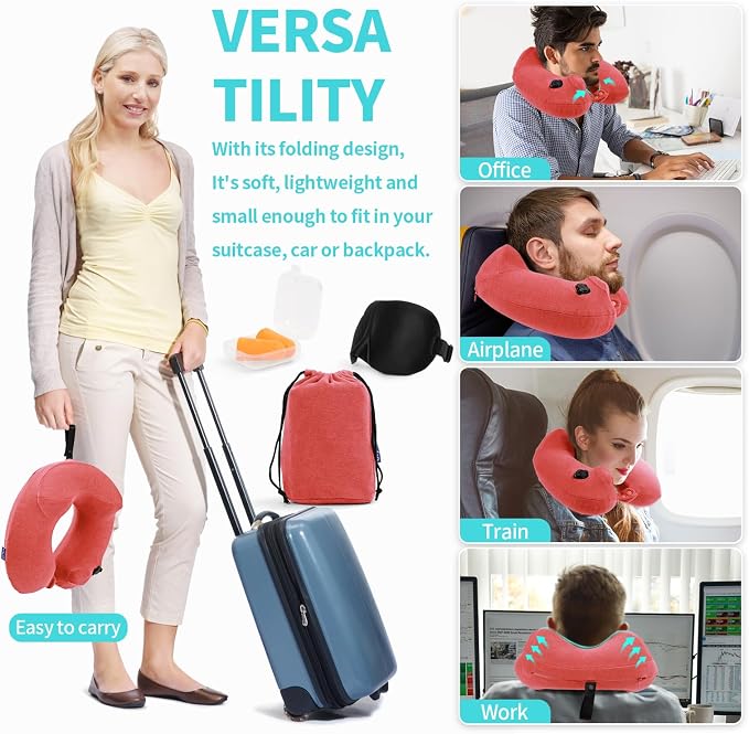 Inflatable Travel Neck Pillow for Airplane, Head Support Velvet Adult Neck - Image 4