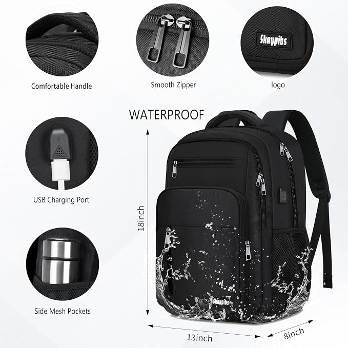 Black Backpack for Men Women, School Backpack for Boys Girls Teens, 15.6 Inch - Image 4
