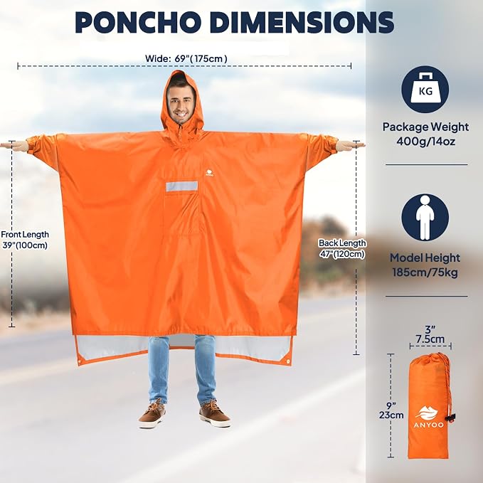 ANYOO Hooded Rain Poncho for Adults Waterproof Lightweight Rain Coat for Men - Image 2