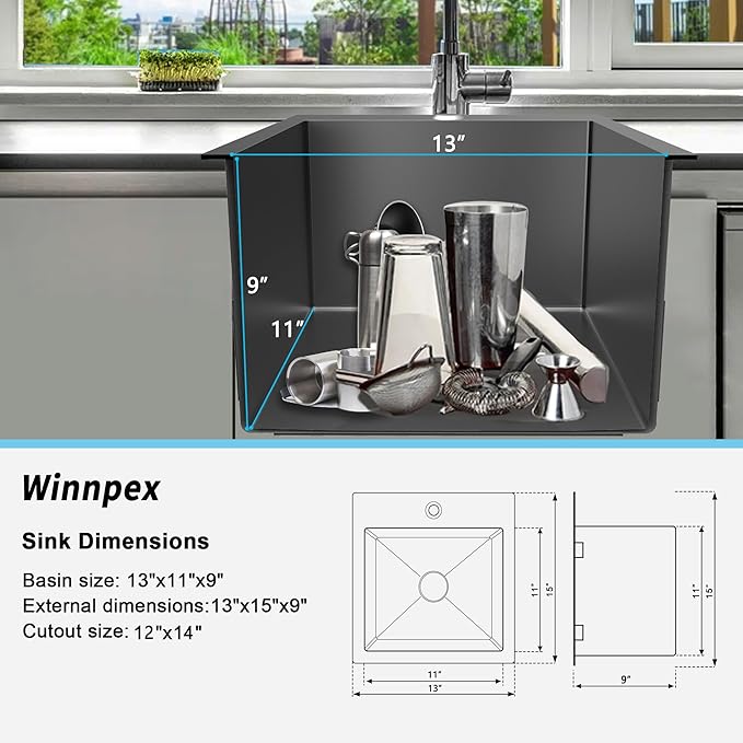 13 x 15 inch Drop in Bar Sink Black, Small Topmount Kitchen Sink Single Bowl 18 - Image 6