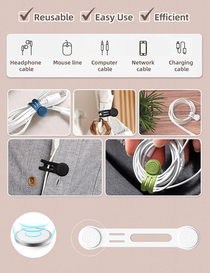Kanemc 8-Pack Magnetic Cable Ties, Magnet Cord Wraps Reusable Silicone Cable - Image 2