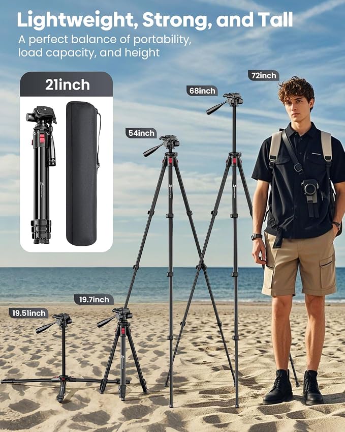 68" Lightweight Camera Tripod Stand, Compact Portable Travel Aluminum Tripod - Image 6