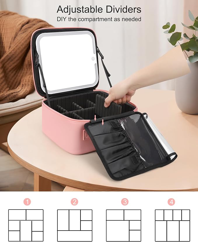 Relavel Makeup Bag with Light Up Mirror, Makeup Case Travel Cosmetic Bags Brush - Image 3