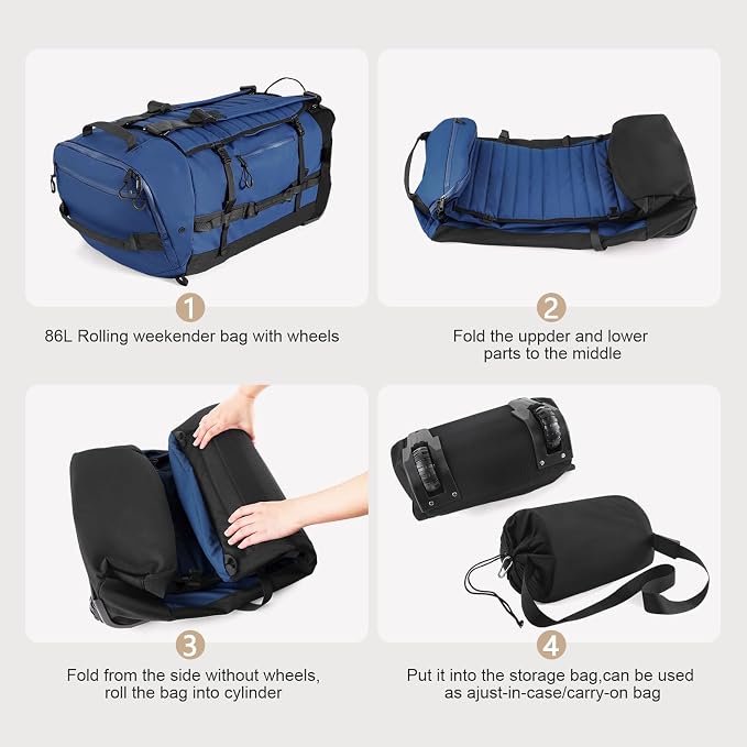 Rolling Duffle Bag with Wheels, 86L 30”Folding Duffle Backpack with 2 Wheels - Image 3