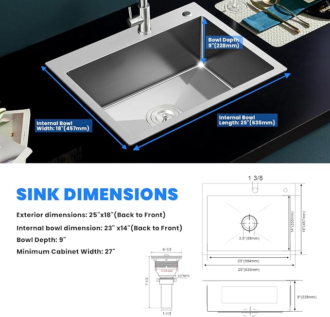 POPFLY 25×18 Inch Drop in Kitchen Sink, 18 Guage Stainless Steel 9 Inch Deep - Image 7