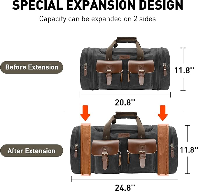 Wildroad 50L Travel Duffel Bag, Expandable Waxed Canvas Genuine Leather Duffle - Image 4