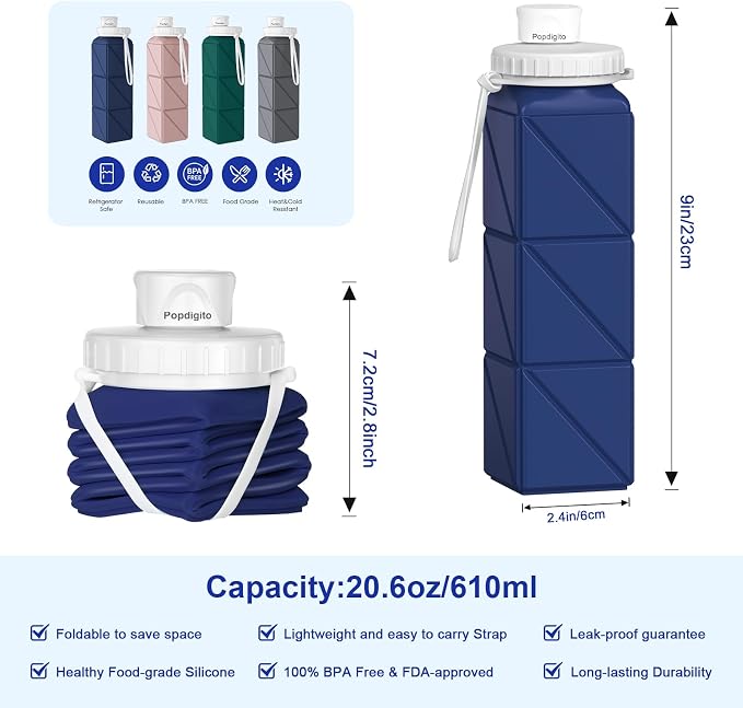 3 pack Collapsible Water Bottles, Silicone Foldable Portable Water Bottle 20.6oz - Image 4