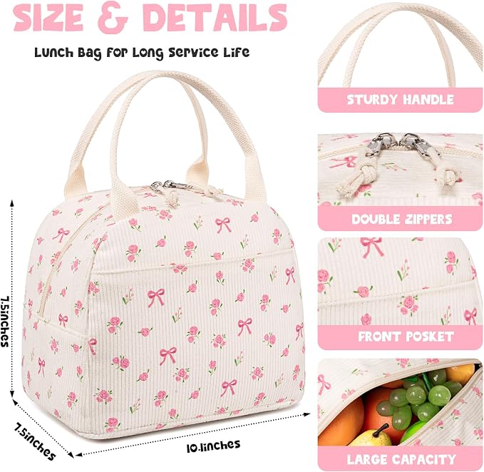 Bluboon Lunch Bag for Women Men Cute Corduroy Lunch Tote Bags Reusable - Image 3