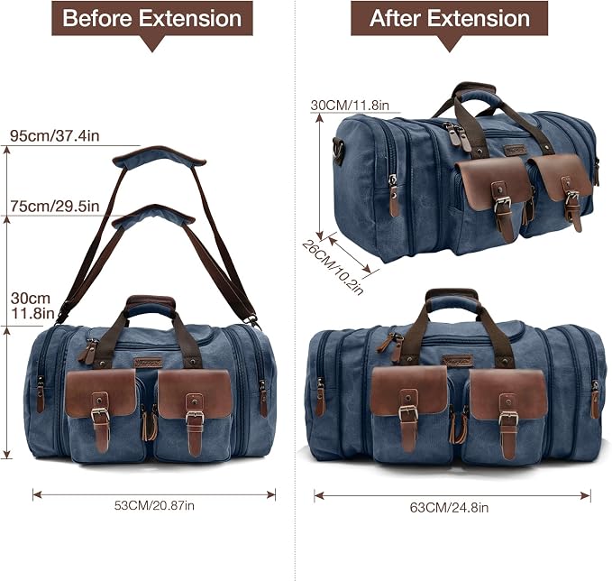 Wildroad 50L Travel Duffel Bag, Expandable Canvas Genuine Leather Duffle Bag - Image 6