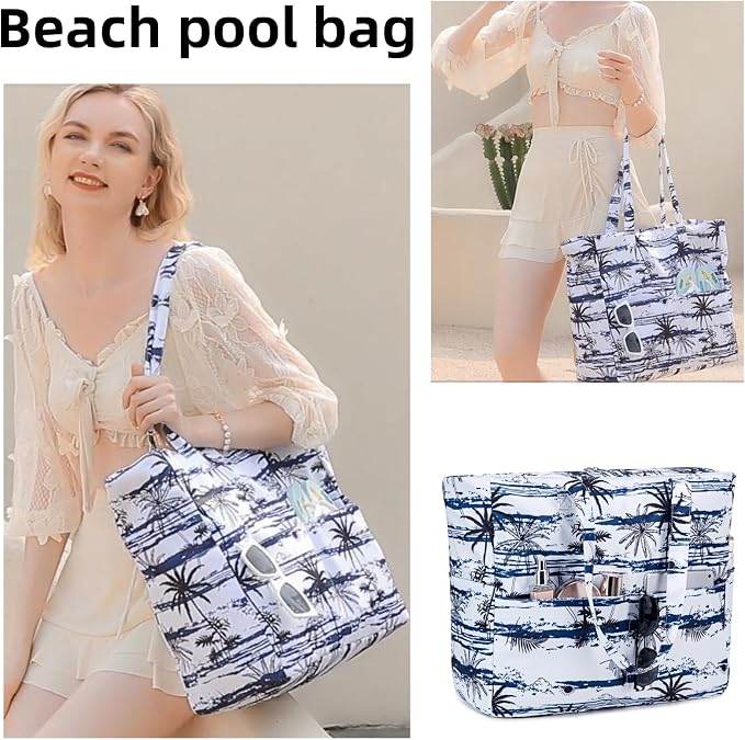 LEDAOU Large Beach Tote Bag Women Waterproof Sandproof Zipper Beach Tote Bag - Image 2