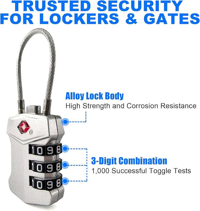 2 Pack TSA Approved Travel Luggage Locks, Cable Combination Lock, 3 Digit - Image 6