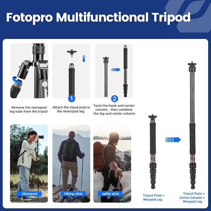 Fotopro 59” Carbon Fiber Travel Tripod, 2 in 1 Lightweight Monopod Tripods - Image 3