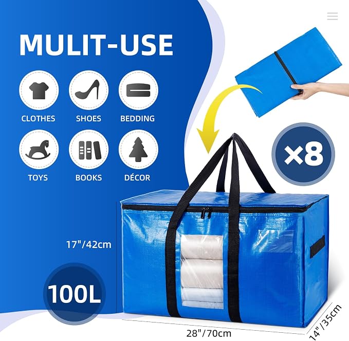 TAILI Extra Large Moving Bags, 8 Pack Blue Heavy Duty Totes - Image 4