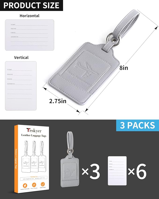 Teskyer Luggage Tags, 3 Pack Premium PU Leather Luggage Tags - Image 7