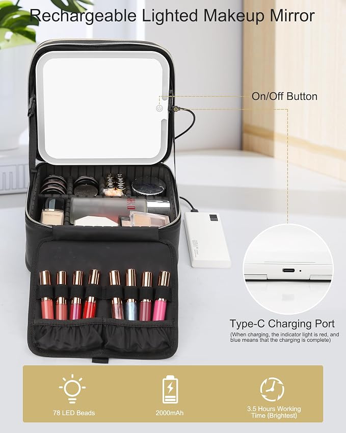 Relavel Makeup Bag with LED Mirror, Travel Makeup Case with Rechargeable - Image 5