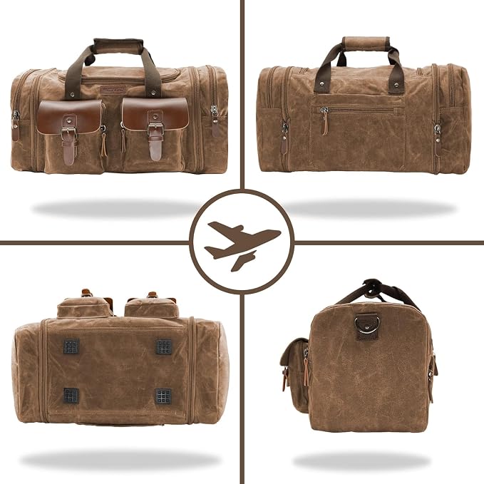 Wildroad Waxed Canvas Duffle Bag - 60L Waterproof Genuine Leather Weekender - Image 6