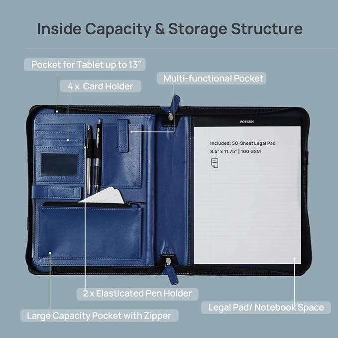 POPRUN Portfolio Binder with Zipper, Leather Padfolio Document Organizer with - Image 2